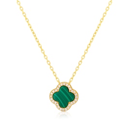 Sterling Silver Gold Plated Clover Malachite & CZ Pendant 16.5+1" Necklace