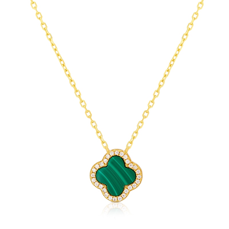 Main Image 1 of Sterling Silver Gold Plated Clover Malachite & CZ Pendant 16.5+1" Necklace