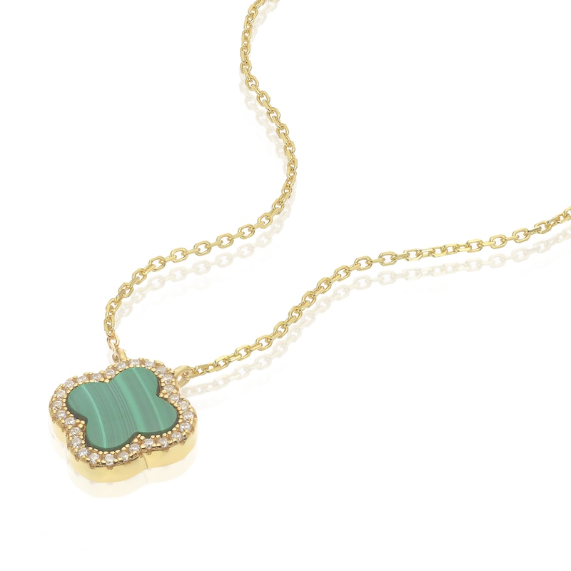 Main Image 2 of Sterling Silver Gold Plated Clover Malachite & CZ Pendant 16.5+1" Necklace