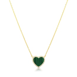 Sterling Silver Gold Plated Heart Malachite & CZ Pendant 16.5+1" Necklace