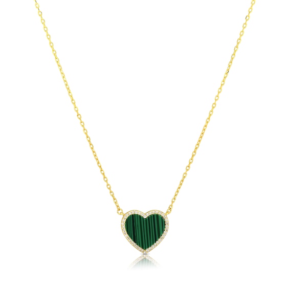 Sterling Silver Gold Plated Heart Malachite and CZ Pendant 1