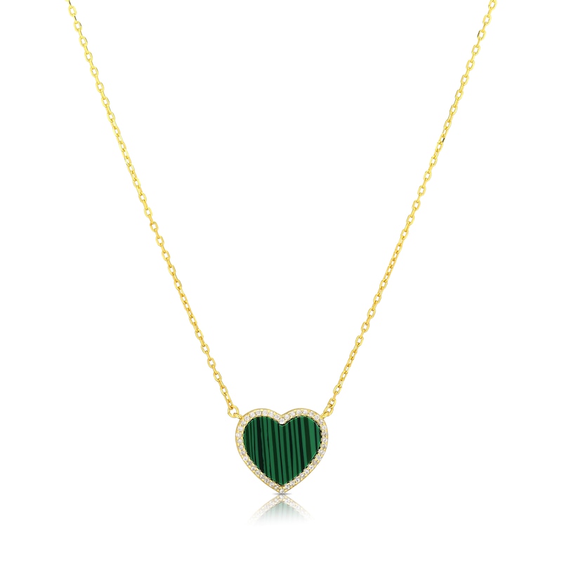 Main Image 1 of Sterling Silver Gold Plated Heart Malachite & CZ Pendant 16.5+1" Necklace