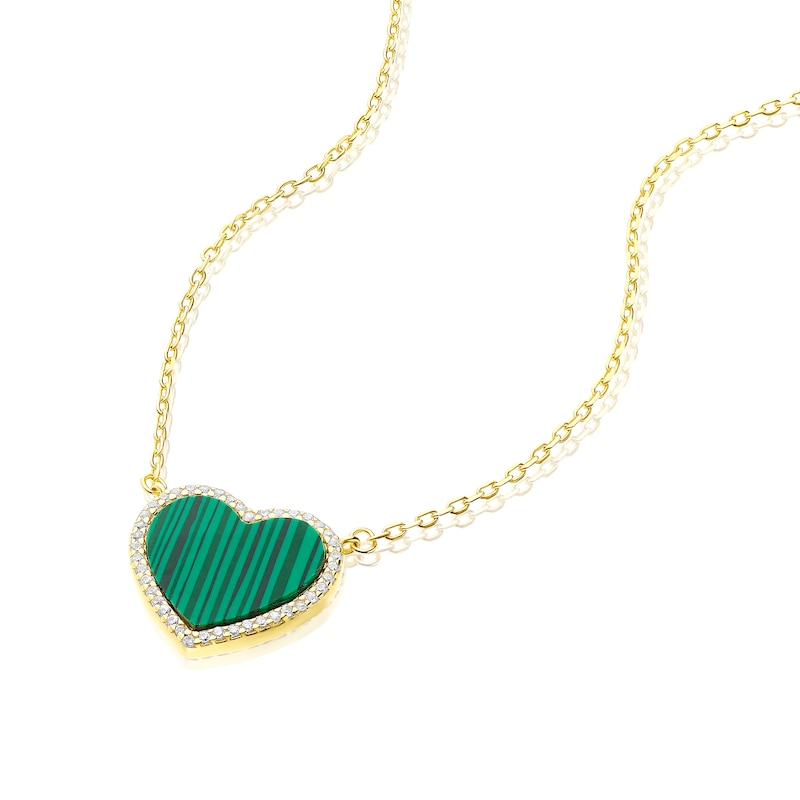 Main Image 2 of Sterling Silver Gold Plated Heart Malachite & CZ Pendant 16.5+1" Necklace