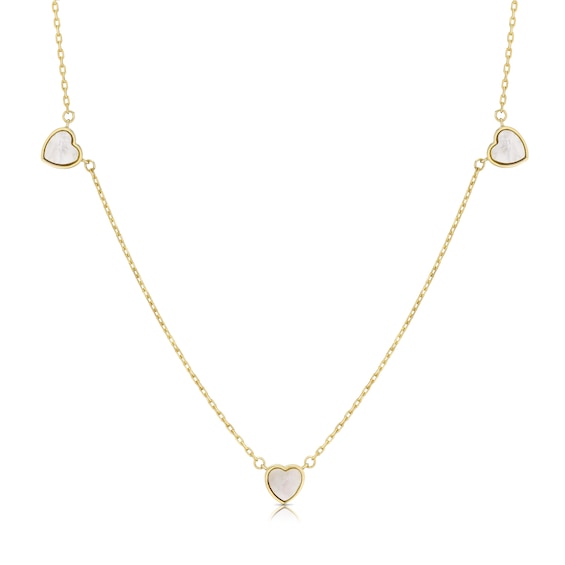 9ct Yellow Gold Mother Of Pearl Heart Station 16+1 Necklace
