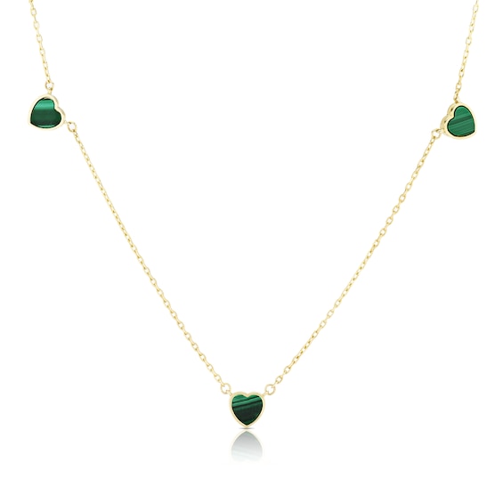 9ct Yellow Gold Malachite Heart Station 16+1 Necklace