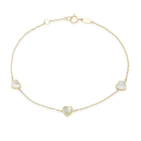 9ct Yellow Gold Mother Of Pearl Heart Station 7.5 Bracelet