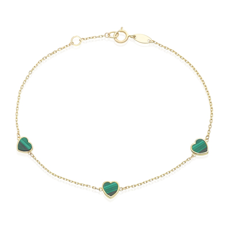 Main Image 1 of 9ct Yellow Gold Malachite Heart Station 7.5" Bracelet