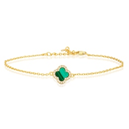 Sterling Silver Gold Plated Clover Malachite & CZ 7+1" Bracelet