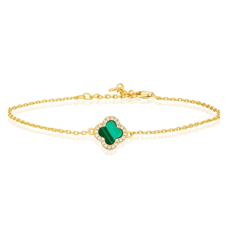 Main Image 1 of Sterling Silver Gold Plated Clover Malachite & CZ 7+1" Bracelet