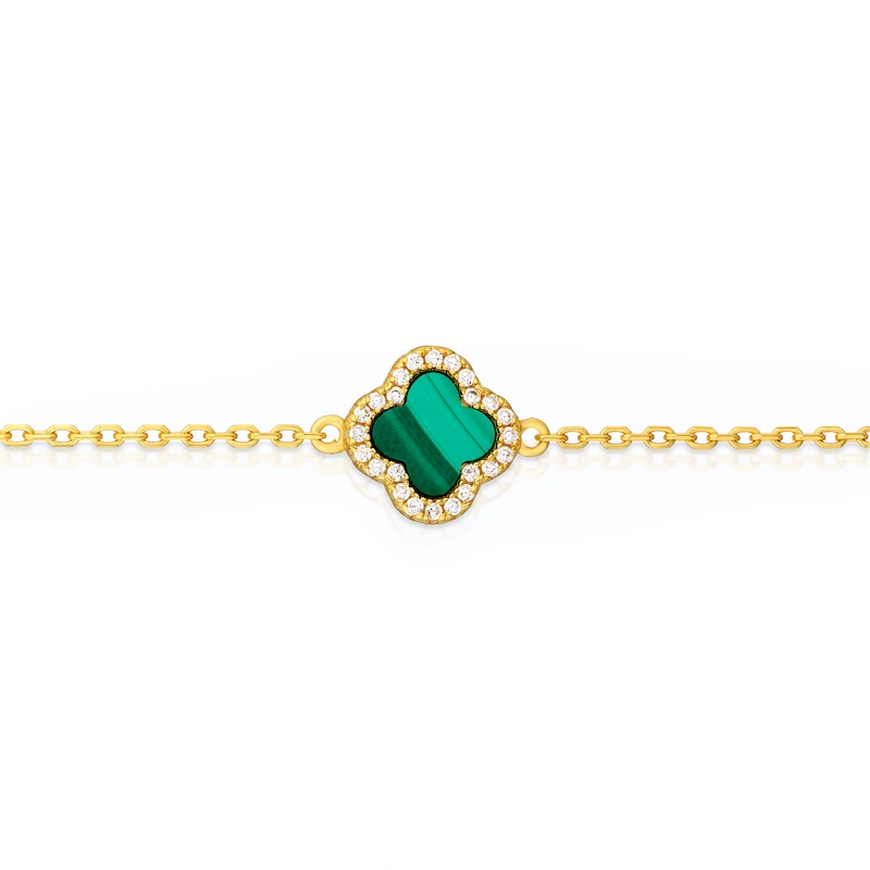 Main Image 2 of Sterling Silver Gold Plated Clover Malachite & CZ 7+1" Bracelet