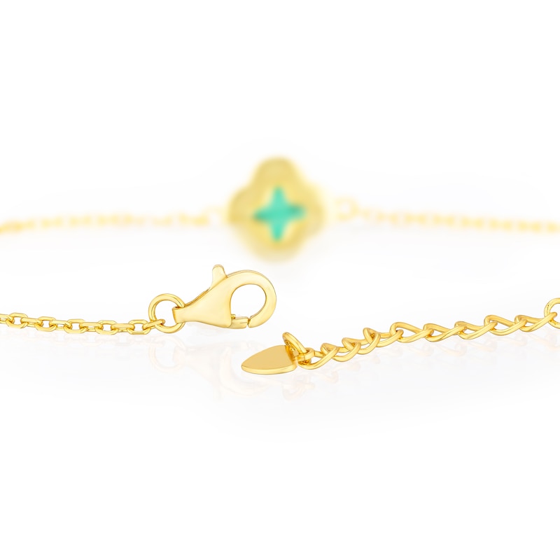 Main Image 3 of Sterling Silver Gold Plated Clover Malachite & CZ 7+1" Bracelet
