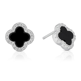 Sterling Silver Rhodium Plated Black Agate Clover Stud Earrings