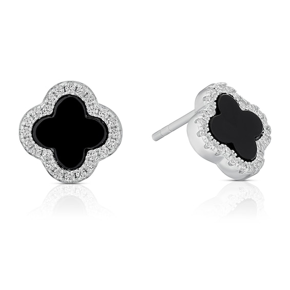 Sterling Silver Rhodium Plated Black Agate Clover Stud Earri