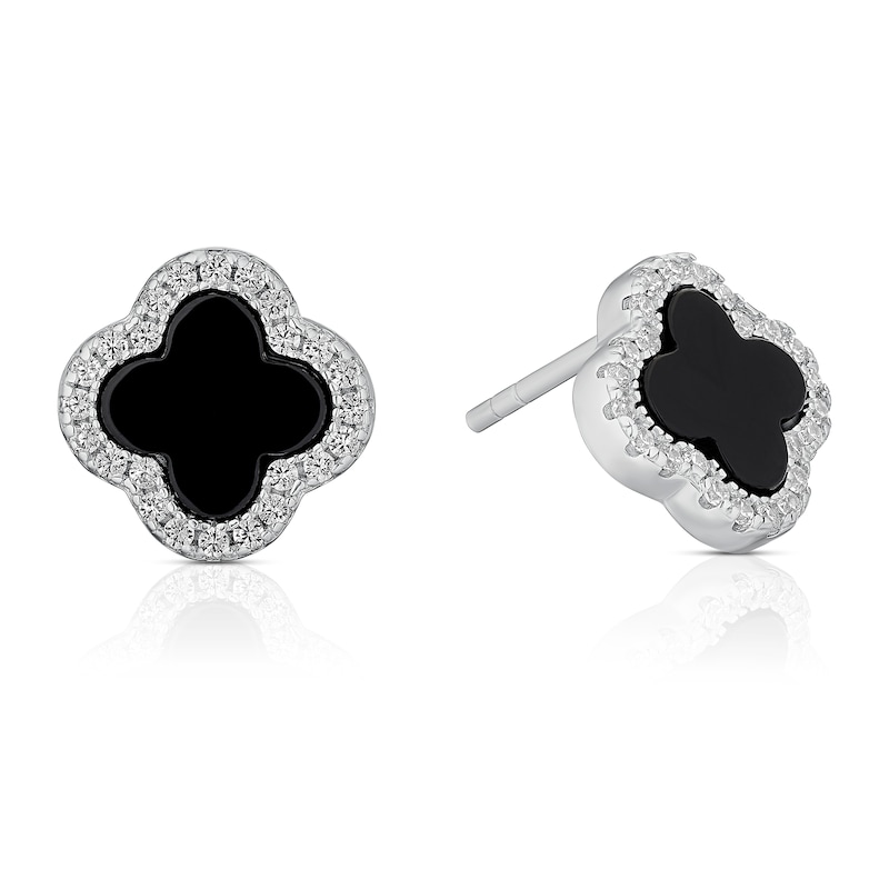 Main Image 1 of Sterling Silver Rhodium Plated Black Agate Clover Stud Earrings