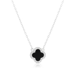 Sterling Silver Rhodium Plated Black Agate Clover & CZ Pendant 15.75+2" Necklace