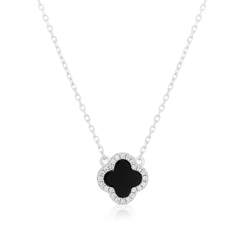 Main Image 1 of Sterling Silver Rhodium Plated Black Agate Clover & CZ Pendant 15.75+2" Necklace