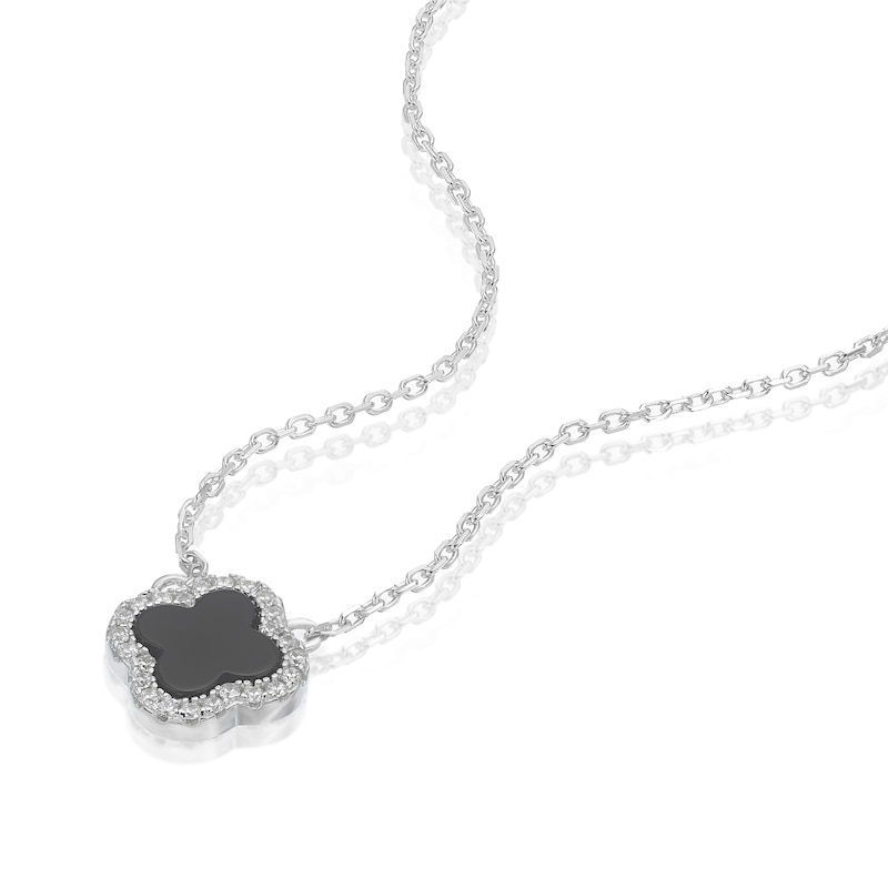 Main Image 2 of Sterling Silver Rhodium Plated Black Agate Clover & CZ Pendant 15.75+2" Necklace