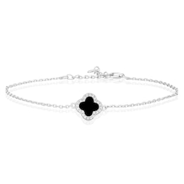 Sterling Silver Rhodium Plated Black Agate Clover & CZ 6.25+1" Bracelet