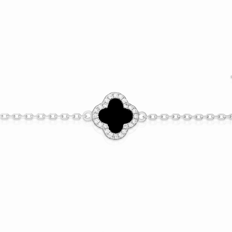 Main Image 2 of Sterling Silver Rhodium Plated Black Agate Clover & CZ 6.25+1" Bracelet
