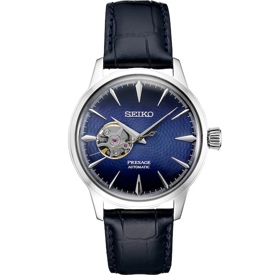 Seiko Men's Presage Cocktail Time ‘Blue Moon’ Open Heart Blue Leather Strap Watch