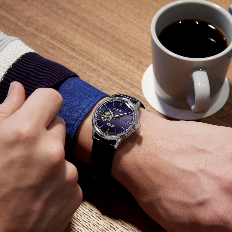Main Image 2 of Seiko Men's Presage Cocktail Time ‘Blue Moon’ Open Heart Blue Leather Strap Watch