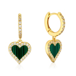 Sterling Silver Gold Plated Heart Malachite & CZ Hoop Drop Earrings