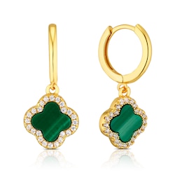 Sterling Silver Gold Plated Clover Malachite & CZ Hoop Drop Earrings