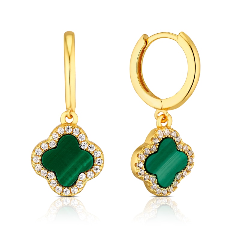 Main Image 1 of Sterling Silver Gold Plated Clover Malachite & CZ Hoop Drop Earrings