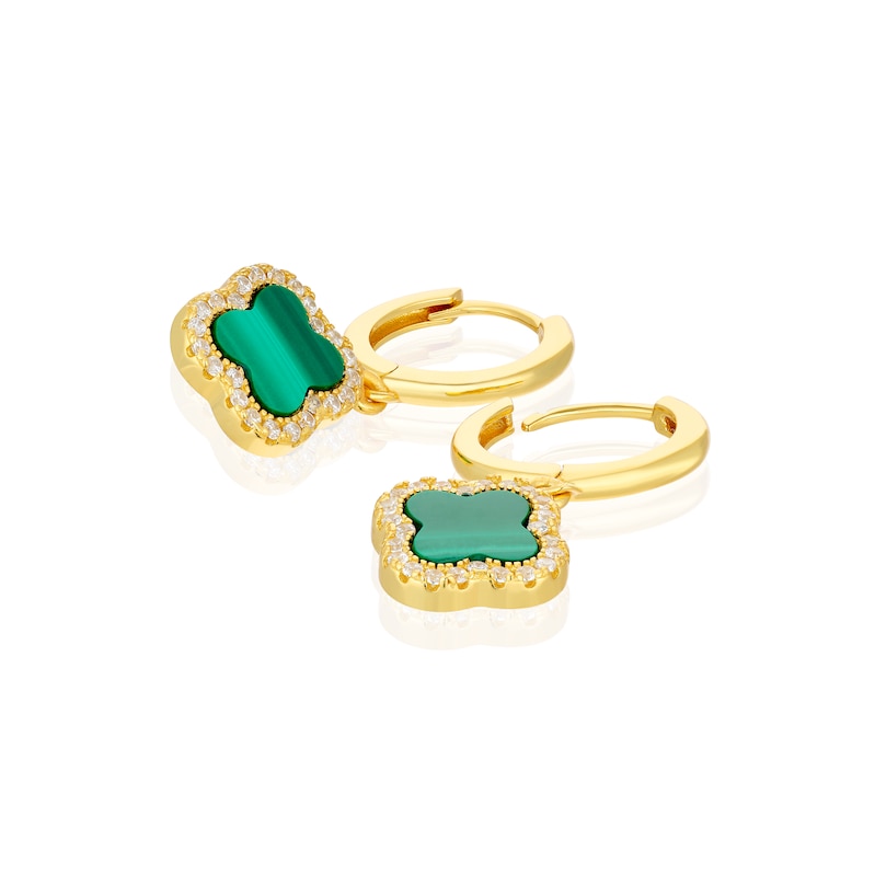 Main Image 2 of Sterling Silver Gold Plated Clover Malachite & CZ Hoop Drop Earrings