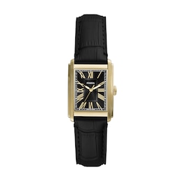 Fossil Men's Rectangle Gold Feature Dial Black Leather Strap Watch