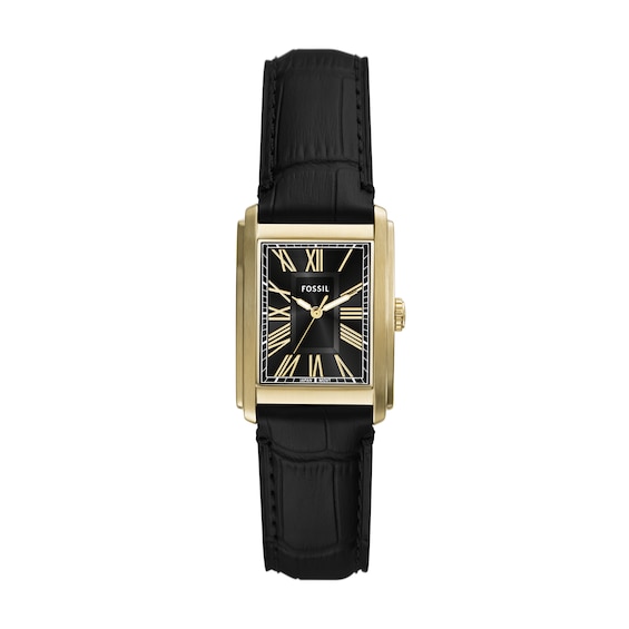 Fossil Men's Rectangle Gold Feature Dial Black Leather Strap Watch
