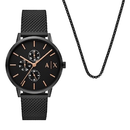 Armani Exchange Men's Black Tone Chain Necklace & Mesh Strap Watch Set