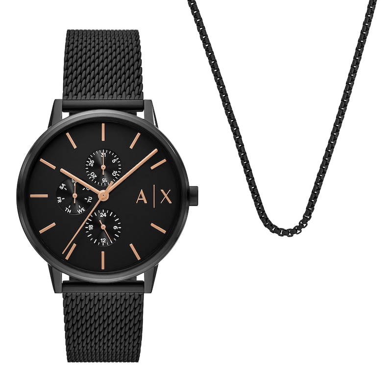 Main Image 1 of Armani Exchange Men's Black Tone Chain Necklace & Mesh Strap Watch Set