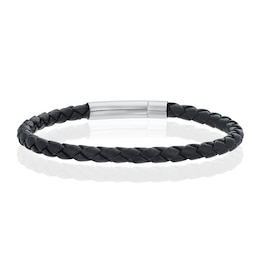 Children's Stainless Steel & Black Leather Woven Bracelet