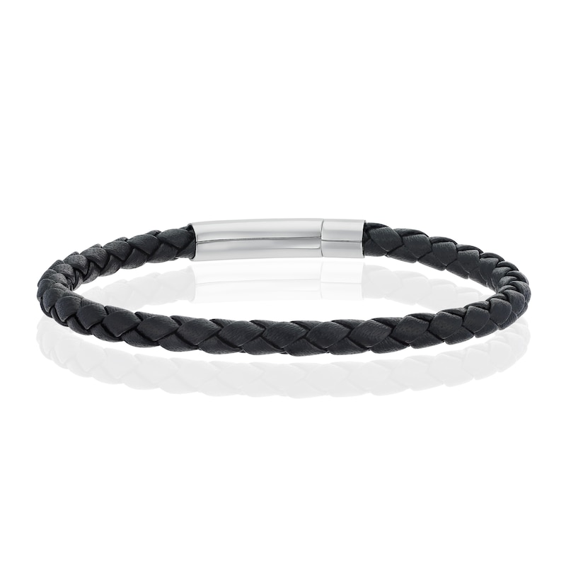 Main Image 1 of Children's Stainless Steel & Black Leather Woven Bracelet
