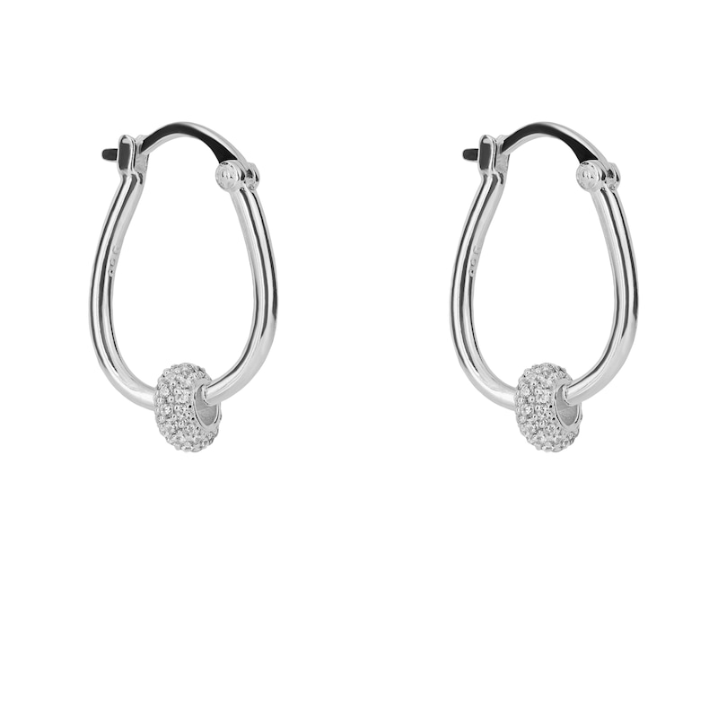 Main Image 1 of Sterling Silver Tubular Cubic Zirconia Doughnut Detail Hoop Earrings