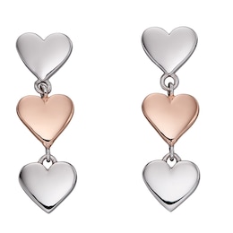 Sterling Silver & Rose Gold Tone 3 Heart Drop Stud Earrings