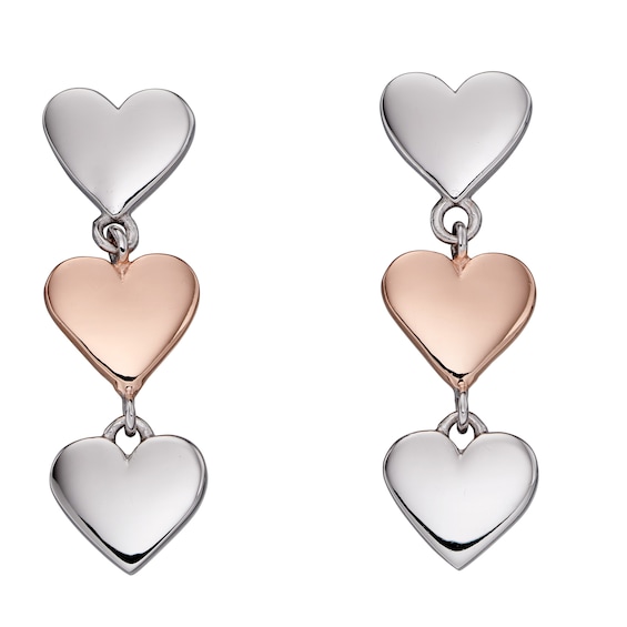 Sterling Silver and Rose Gold Tone 3 Heart Drop Stud Earring