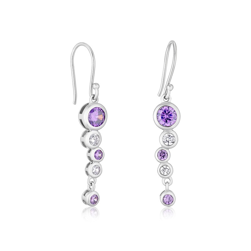 Main Image 1 of Sterling Silver Round Bezel Set Purple Cubic Zirconia Drop Earrings