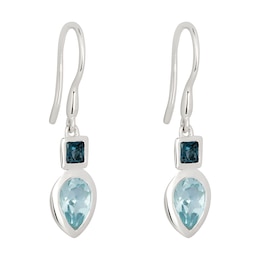 Sterling Silver Two Tone Blue Topaz Drop Earrings