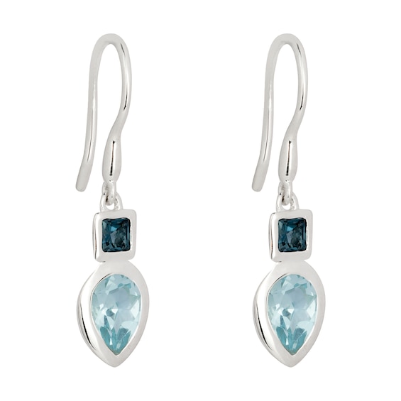 Sterling Silver Two Tone Blue Topaz Drop Earrings