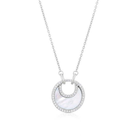 Sterling Silver Mother Of Pearl Moon and Cubic Zirconia Detail Pendant Necklace