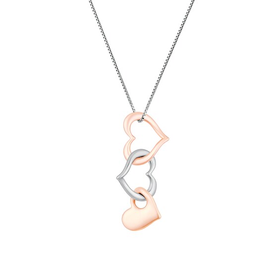 Sterling Silver and Rose Gold Tone Multi Heart Interlocking Drop Pendant Necklace