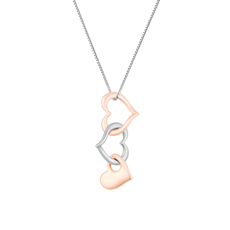 Main Image 1 of Sterling Silver & Rose Gold Tone Multi Heart Interlocking Drop Pendant Necklace