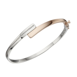 Sterling Silver & Rose Gold Tone Cubic Zirconia Channel Set Hinged Bangle