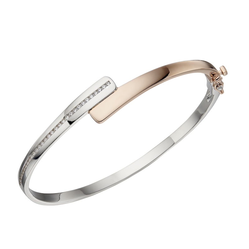 Main Image 1 of Sterling Silver & Rose Gold Tone Cubic Zirconia Channel Set Hinged Bangle