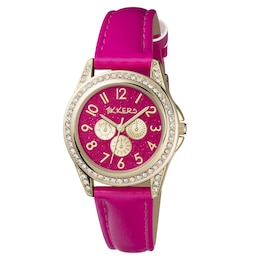 Tikkers Gold Stone Set Case Pink PU Strap Watch