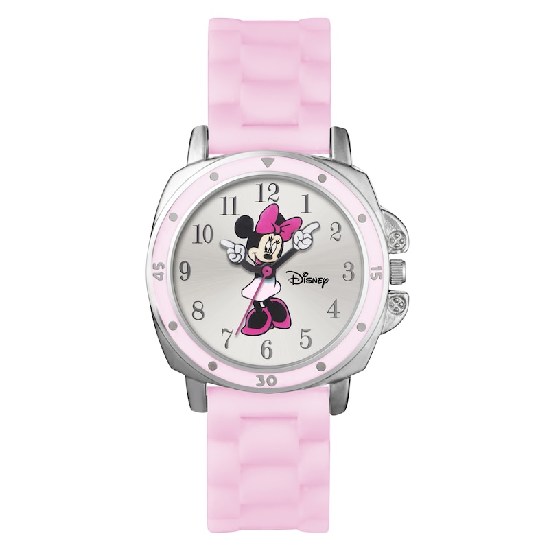 Minnie Mouse Silver Case Pink Rubber Strap