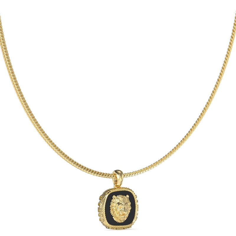 Main Image 1 of Guess Men's Lion Head Black Agate Charm Leather Necklace