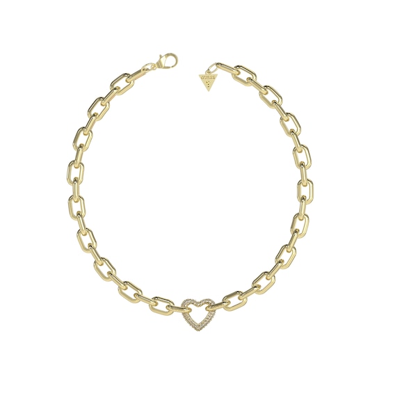Guess 18mm Pave Set Heart Chain Gold Tone 16-18 Necklace